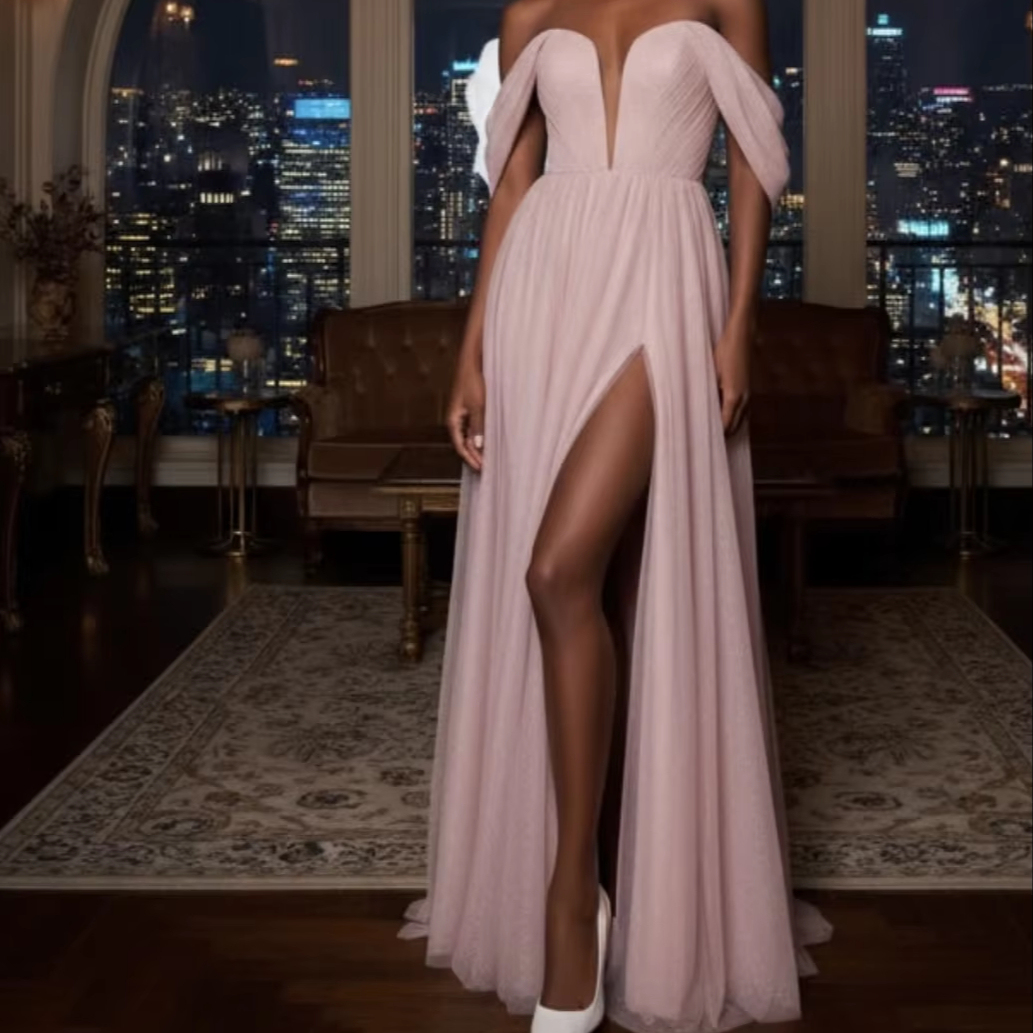 alibaba formal dresses Chiffon Evening Gown with High Slit Blush Pink Neckline Dress for Wedding Guests latest chiffon long gown styles in nigeria