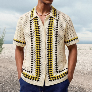 <span class=keywords><strong>Cardigan</strong></span> da Uomo Americano Casual Lavorato a Maglia con Colletto Rovesciato Personalizzato a Righe Traforato Polo da Uomo in Maglia - Product Image 4