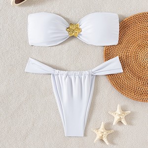 Ensemble bikini deux pièces sans bretelles pour femmes, avec accent métallique, couleur unie, pour la natation et les sports nautiques - Product Image 4