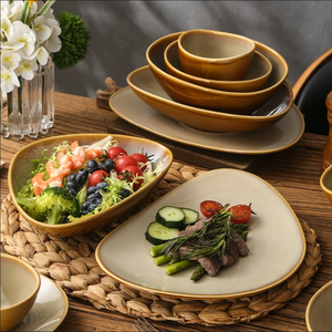 Ensemble de bols et assiettes irréguliers en grès caramel vintage, vaisselle à glaçure réactive, logo personnalisé pour restaurant, hôtel, vente en gros - Product Image 4
