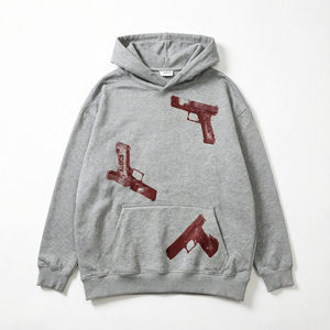 Sweat-shirt gris à capuche en coton et fibre de bambou, anti-plis, en polaire, col rond, imprimé pistolet, pour homme, vente en gros - Product Image 1