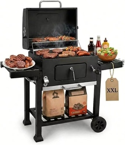 Barbecue à charbon de bois XXL moderne de qualité supérieure avec roues, surface de cuisson 57x42cm, en acier inoxydable, chariot de barbecue portable avec étagères latérales - Product Image 1