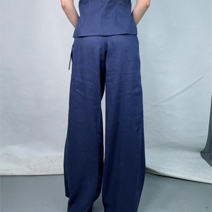 กางเกงฮาเร็มผ้าลินินสีน้ำเงินทรงลำลองเอวสูงสำหรับผู้หญิง ดีไซน์ใหม่ประจำฤดูใบไม้ร่วงจาก OEM ระบายอากาศได้ดี - Product Image 6