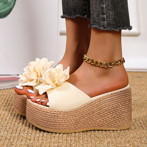 2025 Korean Version One Line Dragging Sponge Cake Slope Heel Thick Bottom Cool Dragging Bohemian Flower <b>slippers</b> - Product Image 3