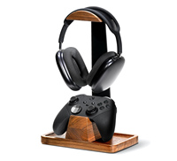 Support pour casque avec support pour manette de jeu, support pour casque en bois de noyer avec base de rangement