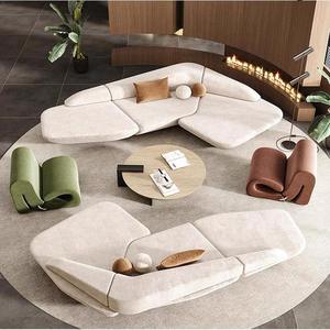 Modern High Quality Cream Style Low-Back Irregular Curved Solid <strong>Wood</strong> <strong>Frame</strong> <strong>Sofa</strong> Convertible for Villa Apartment Living Room Use - Product Image 2
