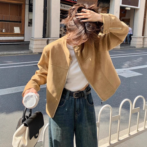 Khaki <b>Suede</b> <b>Jacket</b> Women Short Loose Fit Full Sleeve Cow <b>Suede</b> Autumn Casual Korean Style Coat - Product Image 2