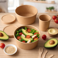 Bol en papier brun biodégradable de qualité alimentaire avec couvercle en papier enduit, logo personnalisé, fournisseur d'emballages pour salades, soupes, riz et nouilles