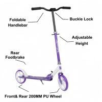 Trottinette pliable portable, réglable en hauteur, trottinette de ville équipée de roues en PU de 200 mm, frein à pied sécurisé
