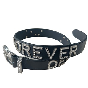 New Design Fashion Rhinestone Men <strong>Belt</strong> with Genuine Leather Custom Rhinestone Logo and Buckle Black and <strong>Red</strong> Color - Product Image 1