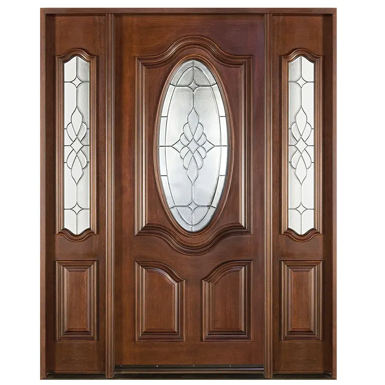 China Supplier Factory High Quality Finished Front Wooden Doors with Insert Glass Main Double Wood Doors for House