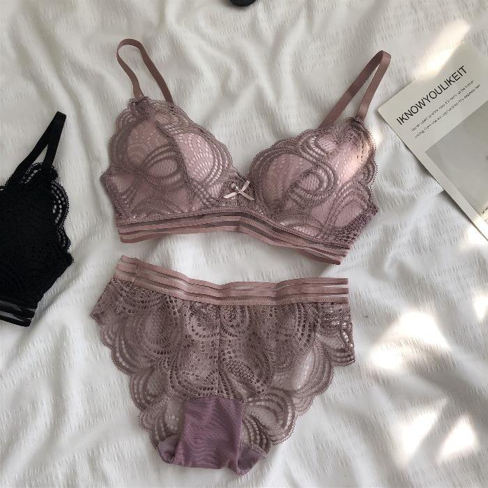 Wholesale Sexy Wire Free Thin Underwear Comfortable Push-up French Lace Ladies Panties and Bra Sets