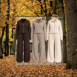 Ensemble deux pièces côtelé pour femme, col zippé, pantalon large oversize, tenue décontractée d'automne OEM ODM - Product Image 2