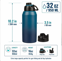 Bouteille d'eau isotherme en acier inoxydable 304, grande capacité, couleur dégradée, double couvercle, bouchon à ouverture rapide, paille rabattable