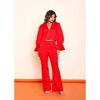 Conjunto de Blazer Rojo Intenso y Pantalón Bootcut para Mujer, Conjunto de Dos Piezas Elegante con Corte Entallado y Estilo Moderno