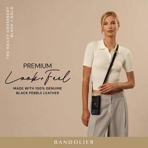 حافظة هاتف باندولير هايلي كروس بودي. جلد طبيعي 100% من نوع بيبل مع تفاصيل ذهبية. حزام قابل للتعديل وقابل للإزالة. بطاقة - Product Image 6