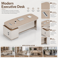 Bureau de direction élégant en bois clair avec armoire latérale et gestion des câbles, grande table de PDG/manager pour bureau d'entreprise moderne