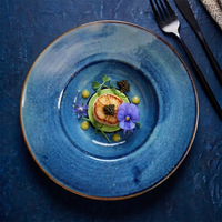 Assiettes à soupe et à pâtes en céramique, vente en gros directe d'usine, assiettes rondes en porcelaine nordique bleues pour hôtels et restaurants