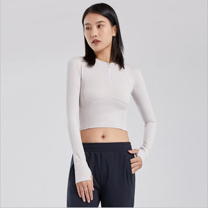 <span class=keywords><strong>Camiseta</strong></span> personalizada de cintura alta con media cremallera <span class=keywords><strong>para</strong></span> mujer, de manga <span class=keywords><strong>larga</strong></span> <span class=keywords><strong>Camiseta</strong></span> sin mangas <span class=keywords><strong>para</strong></span> Yoga, deportes, correr - Product Image 6