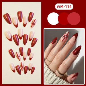 <span class=keywords><strong>Uñas</strong></span> Postizas Rojas <span class=keywords><strong>de</strong></span> Navidad con Punta Francesa Almendrada Mediana y Lazo, con Acento <span class=keywords><strong>de</strong></span> Perla, <span class=keywords><strong>Uñas</strong></span> Acrílicas Rojas Vino Brillantes para Mujer, Venta al por Mayor - Product Image 4