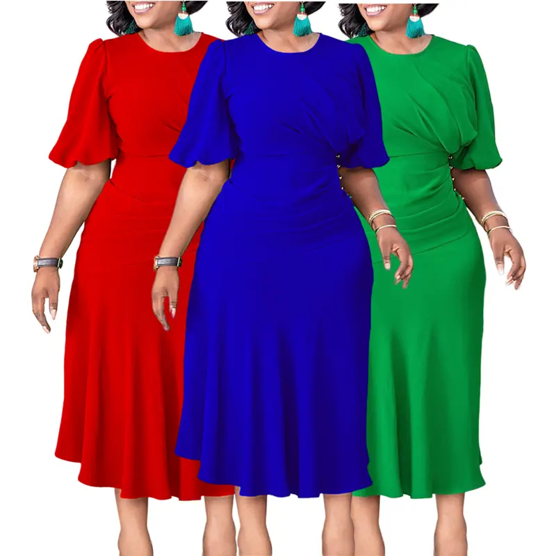 Gaun musim panas C8549 desain terbaru gaun elegan Hip melingkar lengan pendek leher-o gaun Afrika kasual untuk wanita pakaian
