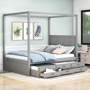 Queen Size Hemelbed Met Uitschuifbed En Lades, Massief Houten Hemelbed Met 3 Opbergladen - Product Image 1