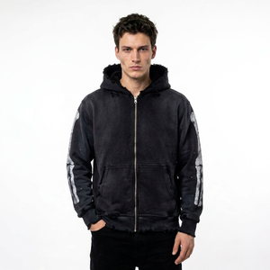 Sweat à capuche zippé délavé vintage pour homme, style streetwear décontracté - Product Image 1