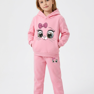 Ensemble survêtement décontracté pour filles, sweat à capuche et pantalon imprimé chat rose de dessin animé, tenue d'automne 100% coton, manches longues, taille élastique - Product Image 6