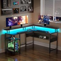 Bureau d'angle en L réversible en bois avec éclairage LED, prise de courant, port USB et support d'écran noir