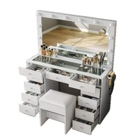Coiffeuse moderne Rosegia avec miroir éclairé, multiprise intégrée et grands tiroirs, blanc