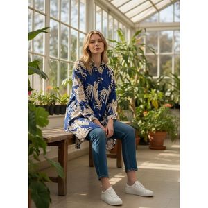 Chemise longue en viscose pour femmes grandes tailles, imprimé feuilles bleues, tunique décontractée, vêtements modestes, style décontracté, tenue quotidienne pour femmes - Product Image 2