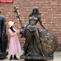 YOUFINE Statue de guerrière féminine en bronze grandeur nature, mythique, avec bouclier de dragon, pour place côtière, parc en bord de mer, jardin extérieur