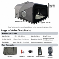 Tente de camping gonflable grande taille 10m, imperméable, quatre saisons, en coton TC 210g noir, tubes d'air 16cm, fenêtres TPU, ventilation bidirectionnelle, pour camping-car