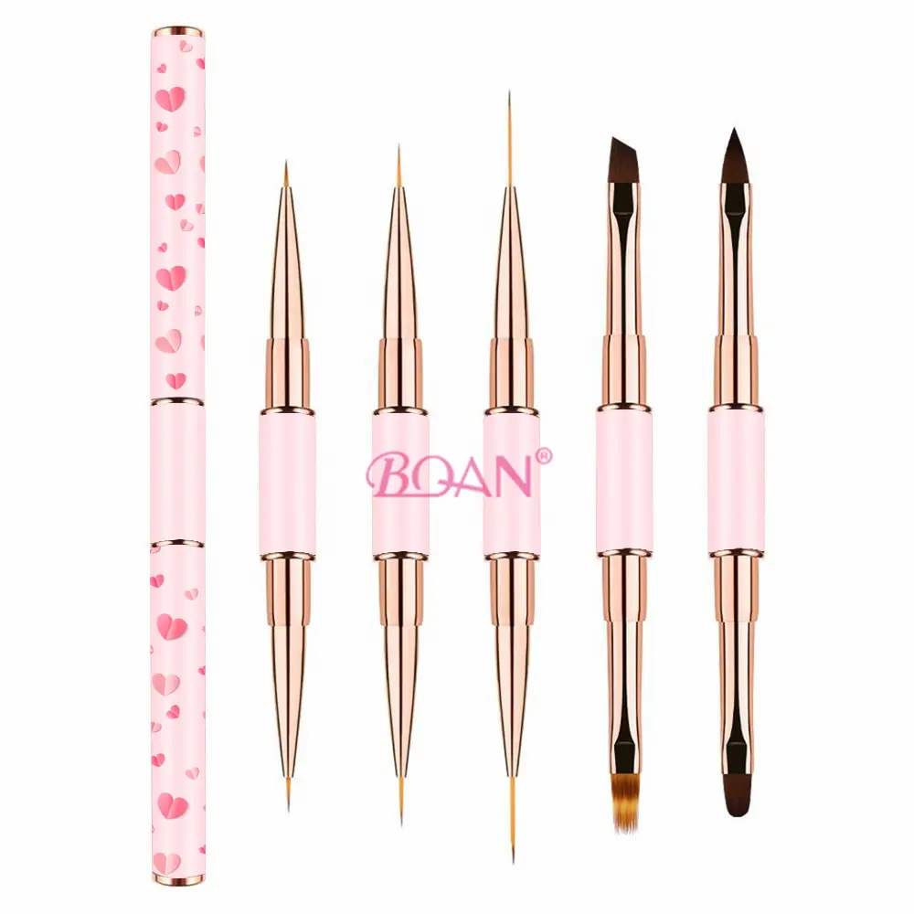 BQAN Pink Rose Gold metal handle Nail liner Brush Gel Polish Painting Drawing liner Nail art Brushes double use nail art pen