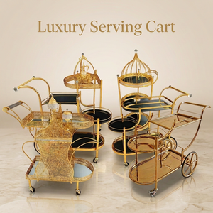 Chariot de service à thé en filigrane doré commercial, chariot de bar mobile avec miroir et roues pour restaurant, mariage, traiteur - Product Image 1