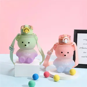 Hot Sale Tiktok Gradient Cute Water Bottle Girls Plastic Cup Gourds Water Bottle Bear Plastic Drink Bottle With Straw And Handle