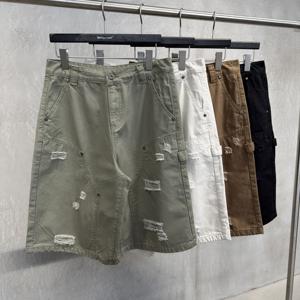 Pantalones Cortos Cargo de Algodón Texturizado de 310g, Estilo Urbano para Hombre, con Cordón Ajustable y Estampado Medio, Lavado Enzimático Desgastado - Product Image 1