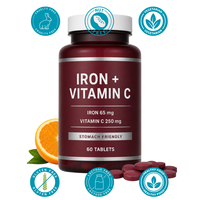 Suplemen Zat Besi 65mg dengan Vitamin C 250mg, Pil Zat Besi Ramah Lambung untuk Mendukung Sel Darah Merah & Imunitas 60 Tablet