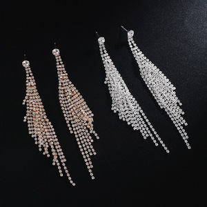 Pendientes de borla larga de doble capa con diamantes de imitación, estilo europeo y <span class=keywords><strong>americano</strong></span>, para novias, escenario, bikini, actuaciones, venta al por mayor - Product Image 4