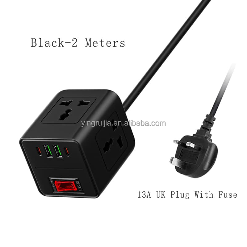 Negro 2 metros-Universal Socket - 13A enchufe del Reino Unido