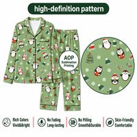 Ensemble de pyjama personnalisé en polyester vert sauge à col cranté motif pingouin de Noël pour femme, POD MOQ 1PC, Dropshipping