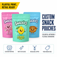 Op maat bedrukte snackstand-up pouch van PE-materiaal, 0,2 mm dik, met hersluitbare ritssluiting, verpakking voor snoep, voedsel, retail en e-commerce merken