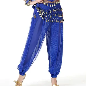 Women Sexy Indian Dance Harem Pants Sequin Belly Pants Carnival Performance Costume Chiffon Bellydance Trousers Stretchy Waist