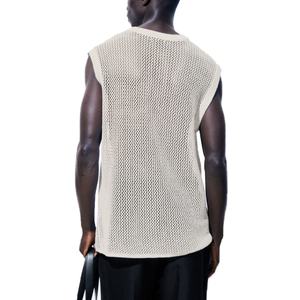 Camisa sin mangas de algodón 100% vintage casual para hombre con cuello acanalado y diseño de red, talla grande, venta al por mayor - Product Image 3