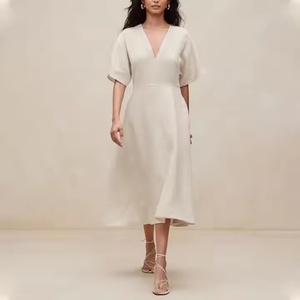 Nouvelles robes d'été pour femmes, robes décontractées amples et modestes, robes pour femmes à col en V profond, robe en lin de haute qualité à manches courtes, longueur midi - Product Image 1