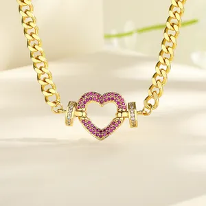 Fashion Women Heart Cuban Chain Aaa Zircon Cubic Zirconia 18K Gold Filled Brass Jewellery Charm Necklaces With Cz Jewelry