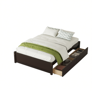 Lit double contemporain en bois massif avec lit gigogne simple et deux tiroirs, design moderne, cadre de lit avec rangement - Product Image 1