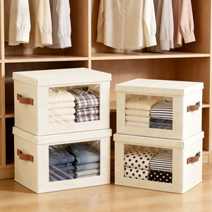 Front View Window <b>Storage</b> Box Rectangle Off White Clothing Organizer Washable Lid Standing Type - Product Image 3