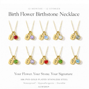 Collares de piedra natal de flores de nacimiento | Colgante de circón del <span class=keywords><strong>mes</strong></span> de nacimiento de acero inoxidable chapado en oro PVD de 18 quilates | Impermeable e hipoalergénico - Product Image 1
