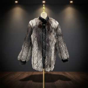 Men's Size Real <b>Silver</b> Fox Fur Collar Waterproof Reversible Bomber <b>Jacket</b> Wholesale Elegant Coat - Product Image 3